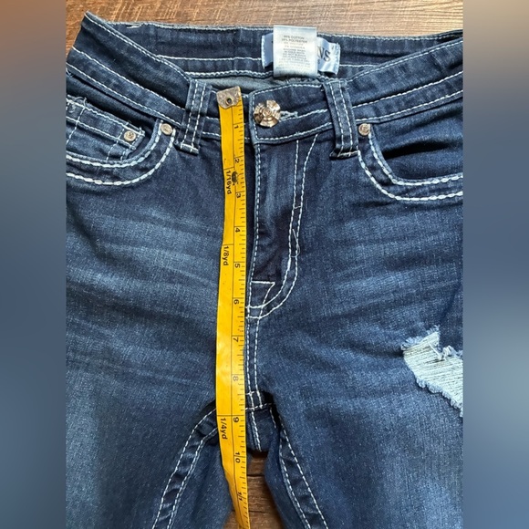 Y JEANS Los Angeles Y2K denim low rise flare distressed bling pockets cross 3/4 - Picture 6 of 15